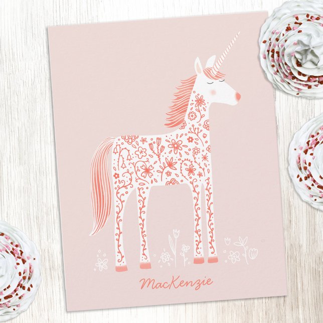 Magical Unicorn Blush Pink Personalized Name Anteckningskort (Magical Unicorn pretty pink personalized custom name or text notecards)