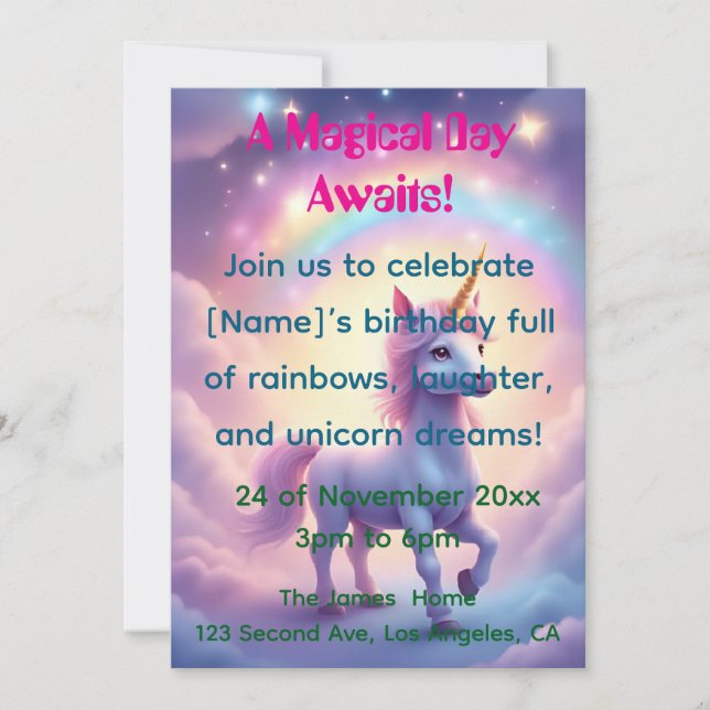 Magical Unicorn Dream Birthday Invitation Inbjudningar (Framsida)
