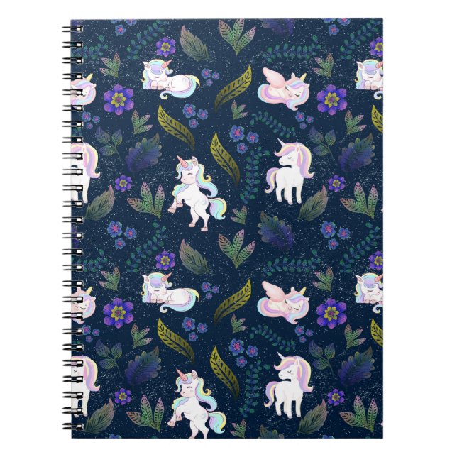 Magical Unicorn Night Forest Seamless Pattern Anteckningsbok (Framsidan)