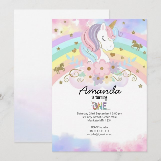 Magical Unicorn Rainbow 1st Birthday Invitation Inbjudningar (Fram/baksida)