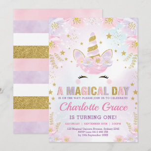 Magical Unicornfödelsedag/pastellfärgat blom- rosa Inbjudningar
