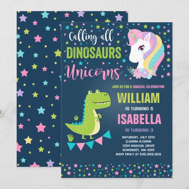 Magical unicorns- och Dinosaursfödelsedaginbjudan Inbjudningar (Fram/baksida)