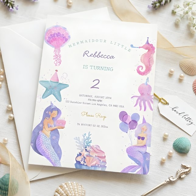 Magical Watercolor Mermaid 2nd Birthday  Inbjudningar (Skapare uppladdad)