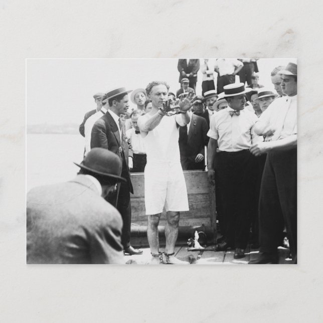 Magician Harry Houdini Overboard Box Escape 1912 Vykort (Framsida)