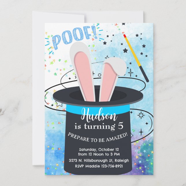 Magician hat and bunny boy birthday invite. inbjudningar (Framsida)