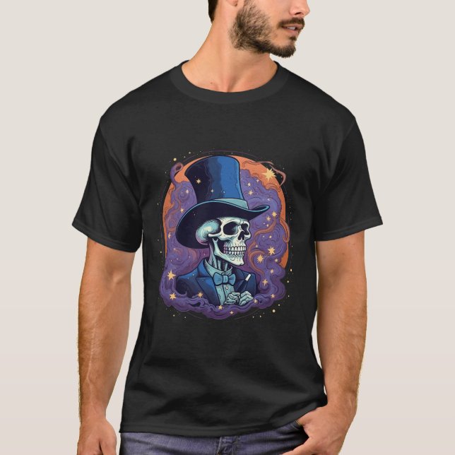 Magician Top hat Stars Smoke Skull Halloween T Shirt (Framsida)
