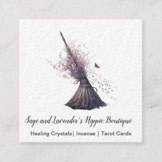 Magick Witch Broom Vår Blommar Fyrkantigt Visitkort