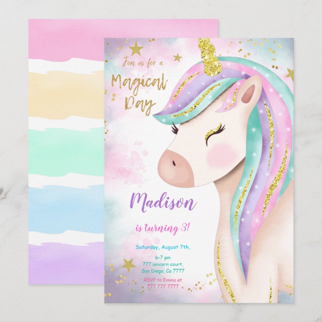 Magisk 3:e inbjudan till Unicorn Birthday (Fram/baksida)