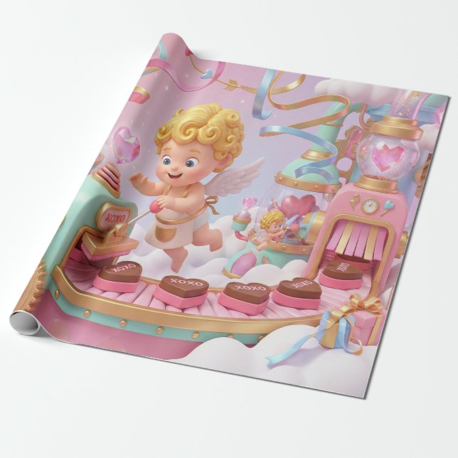 Magisk 3D Cupids valentinspresentfabriksscen Presentpapper (Utrullad)