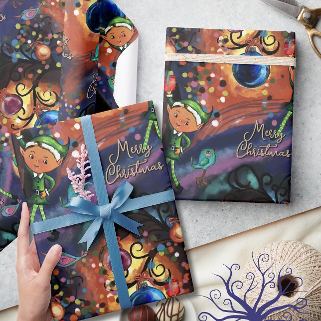 Magisk Alv & Fågel Whimsical Jul Presentpapper (Magical Elf & Bird Whimsical Christmas Wrapping Paper)