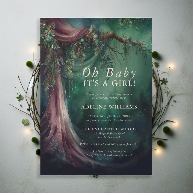 Magisk babystövel för skogskorridorer inbjudningar (enchanted forest baby shower emerald green mauve purple veil woodland fairy tale faerie magic invite)