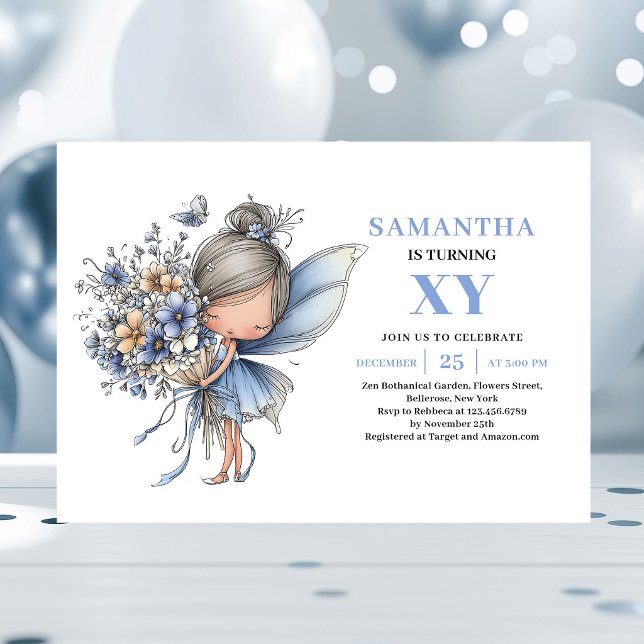 Magisk Blå Älva Flicka 4-års Födelsedags Pastell i Inbjudningar (Magical Blue Fairy Girl 4th Birthday Pastel invitation)