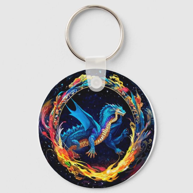 Magisk blå drake omgiven av Mystical Flames Nyckelring (Framsida)