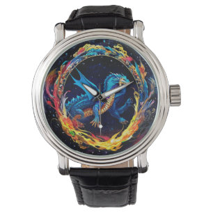 Magisk Blå Drakon Omgiven av Mystiska Flammor Armbandsur