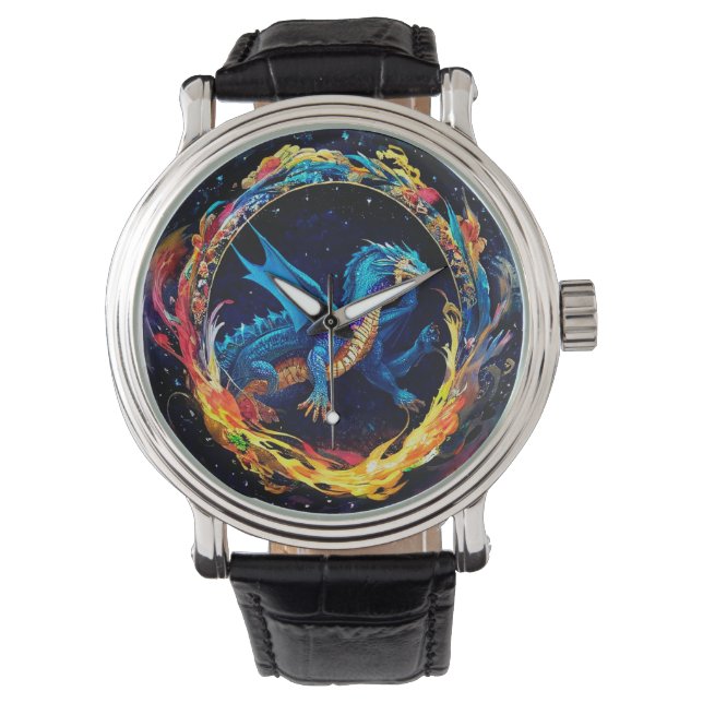 Magisk Blå Drakon Omgiven av Mystiska Flammor Armbandsur (Framsida)