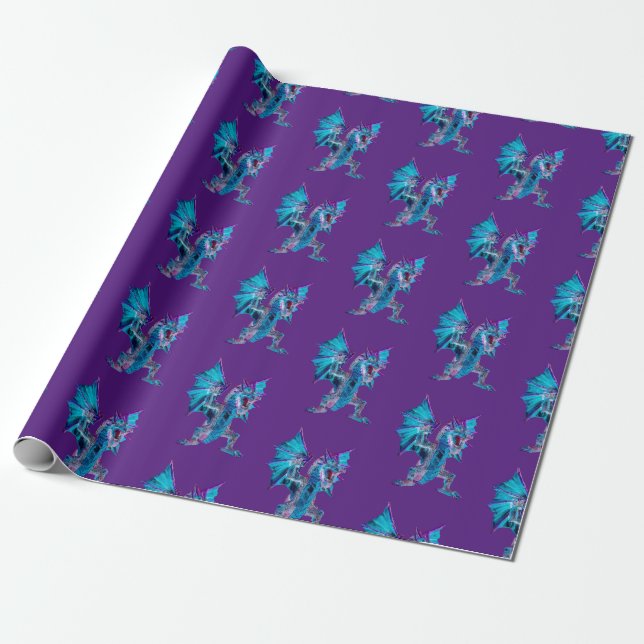 Magisk Blå Flamedrake med Violett Bakgrund Presentpapper (Utrullad)