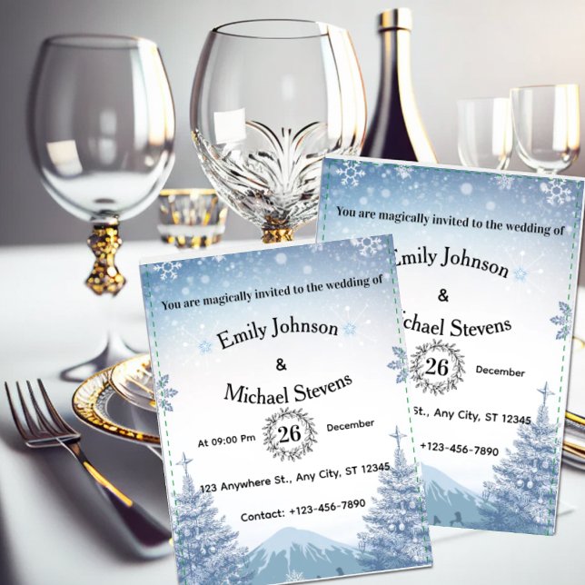 Magisk Blå Vinter Berg Jul Bröllop Inbjudningar (Magical Blue Winter Mountain Christmas Wedding)