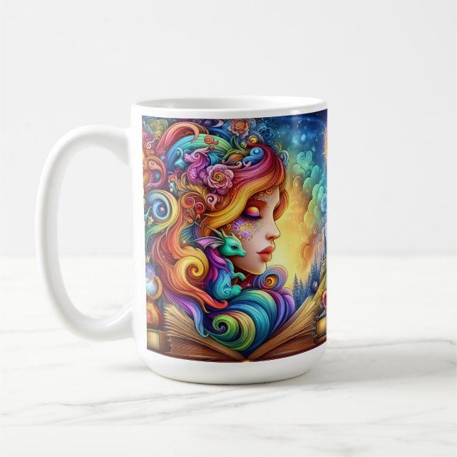 Magisk Bokslukande Älvisk & Bebis Drak Fantasi Vär Kaffemugg (Vänster)