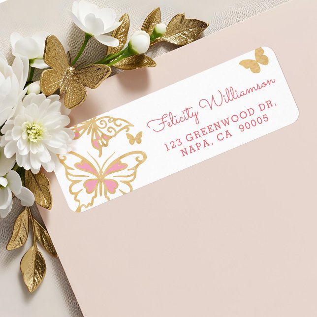Magisk Chic Söt Cute Guld och Rosa Butterflies Returadress Etikett (Magical Chic Pretty Cute Gold and Pink Butterflies Label)