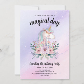 Magisk dag Enhörningar och blommor Födelsedagsfest Inbjudningar