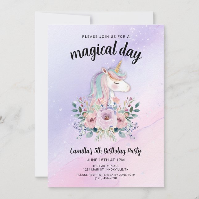 Magisk dag Enhörningar och blommor Födelsedagsfest Inbjudningar (Framsida)