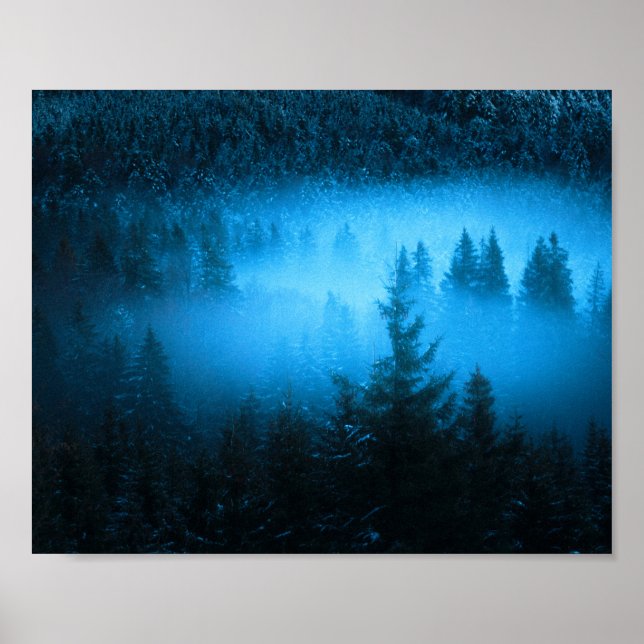 Magisk dimma i snöig granskog poster (Framsidan)