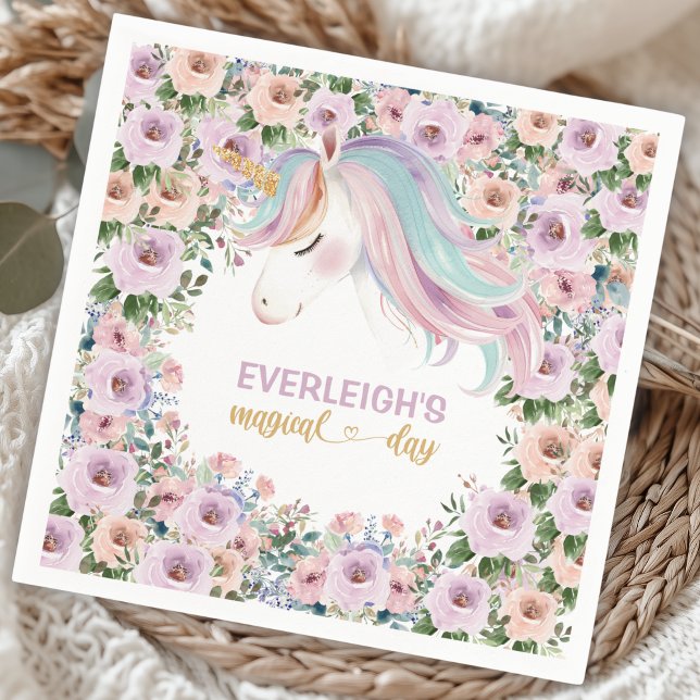 Magisk Enhörning Lila Blomma 1-års födelsedag Pappersservett (Skapare uppladdad)