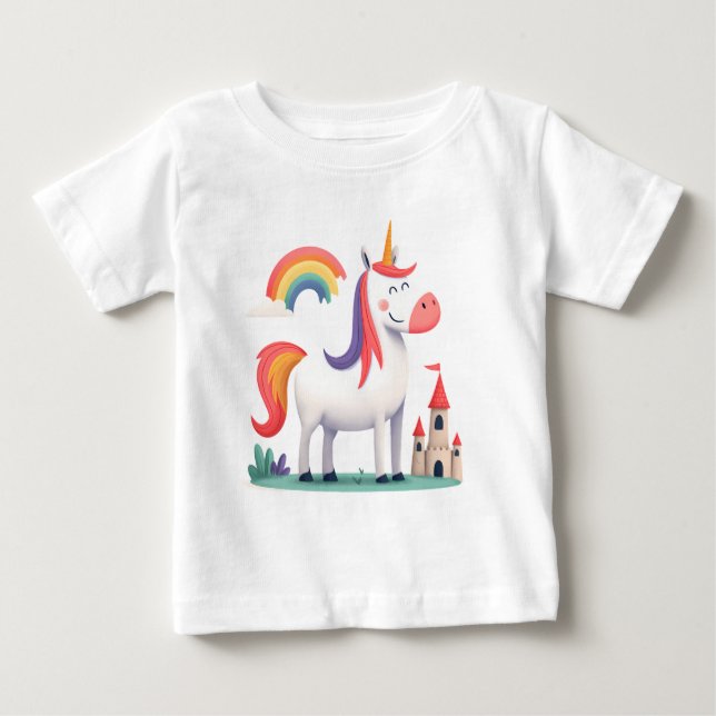 Magisk Enhörning med Slott och Regnbåge – Barn  T Shirt (Framsida)