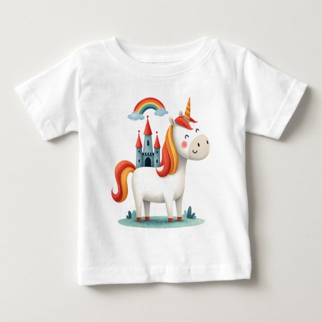Magisk Enhörning med Slott och Regnbåge – Sött Bar T Shirt (Framsida)