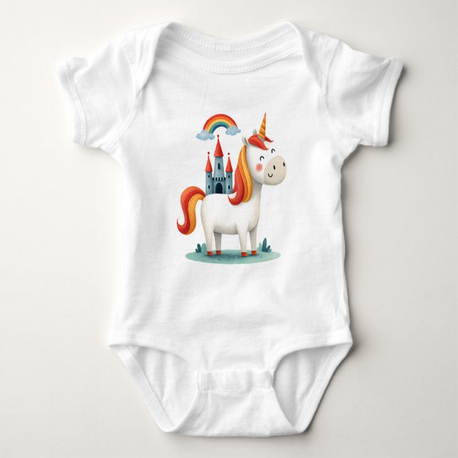 Magisk Enhörning med Slott och Regnbåge – Sött Bar T Shirt (Framsida)