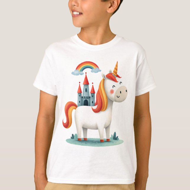 Magisk Enhörning med Slott och Regnbåge – Sött Bar T Shirt (Framsida)