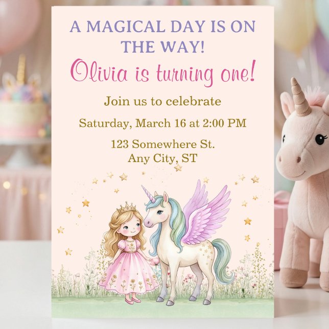 Magisk Enhörning och Prinsessa Födelsedag Inbjudningar (Magical Unicorn and Princess Birthday Invitation)