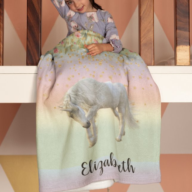 Magisk Enhörning Regnbåge Guld Blomma Fleecefilt (Skapare uppladdad)