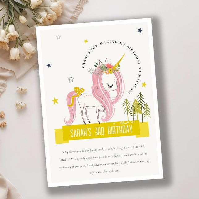 Magisk Enhörning Rosa Gul Barn Foto Födelsedag Tack Kort (Skapare uppladdad)