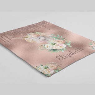 Magisk Enhörning Rosa Guld Glitterdroppar Blommig Fleecefilt