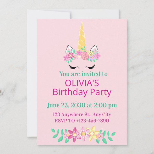 Magisk Enhörnings Födelsedagsfest Inbjudan (Framsida)