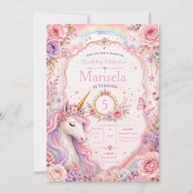 Magisk Enhörnings Födelsedagsinbjudan | Rosa Lila  Inbjudningar (Framsida)