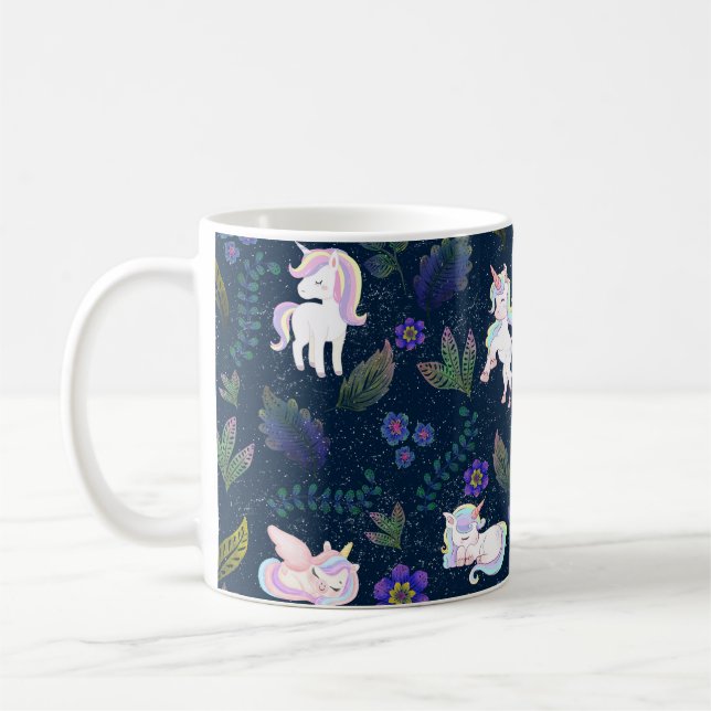 Magisk Enhörnings Natt Skog Sömlös Mönster Kaffemugg (Vänster)