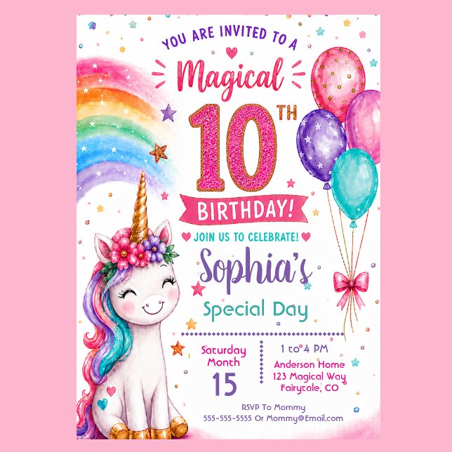 Magisk Enhörningsflickas 10-årsdag Inbjudningar (Magical unicorn 10th birthday invitation with rainbow balloons pastel stars and cute unicorn party )