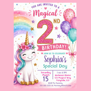 Magisk Enhörningsflickas 2-årsdag Inbjudningar