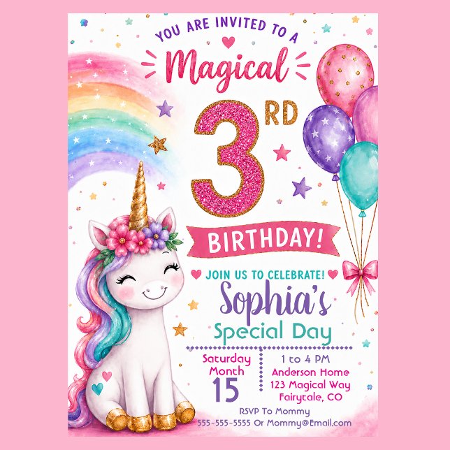 Magisk Enhörningsflickas 3-årsdag Inbjudningar (Cute magical unicorn 3rd birthday invitation with pastel rainbow balloons and glitter pink number )