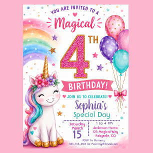 Magisk Enhörningsflickas 4-årsdag Inbjudningar