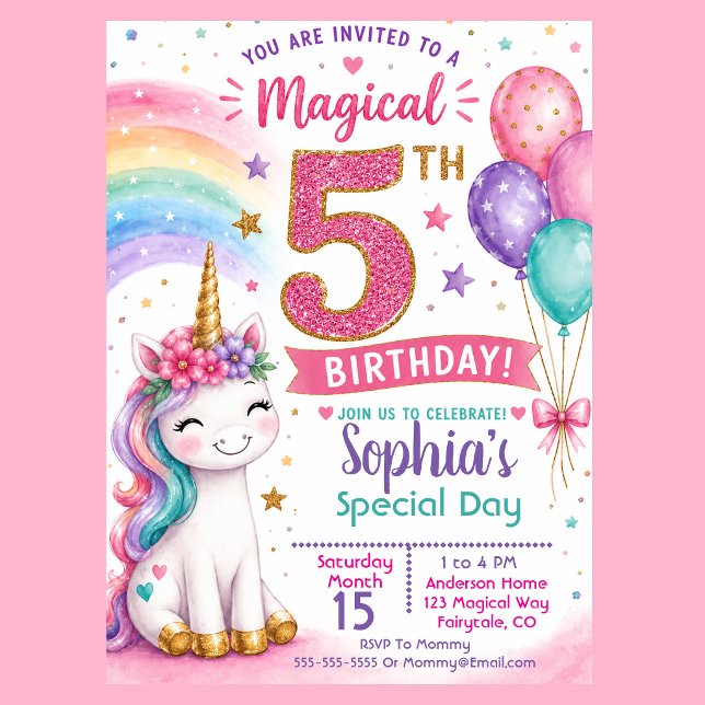 Magisk Enhörningsflickas 5-årsdag Inbjudningar (Cute magical unicorn 5th birthday invitation with pastel rainbow balloons and glitter pink number )