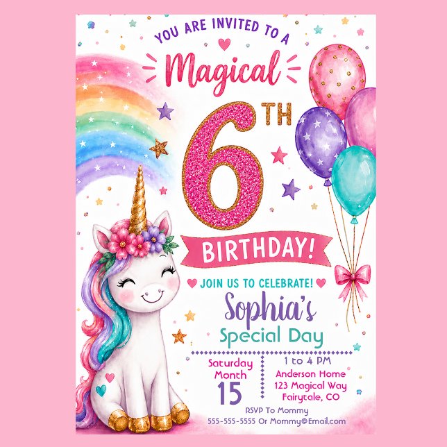Magisk Enhörningsflickas 6-årsdag Inbjudningar (Magical unicorn 6th birthday invitation with rainbow balloons pastel stars and cute unicorn party )