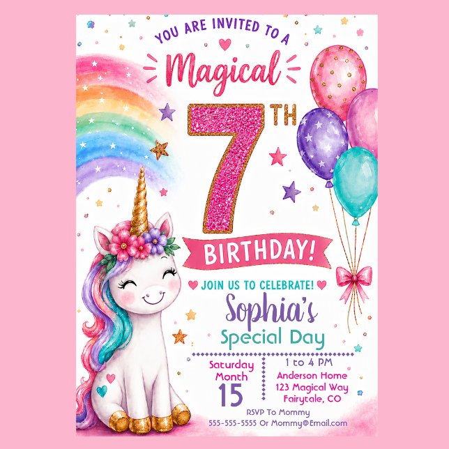 Magisk Enhörningsflickas 7-årsdag Inbjudningar (Magical unicorn 7th birthday invitation with rainbow balloons pastel stars and cute unicorn party )