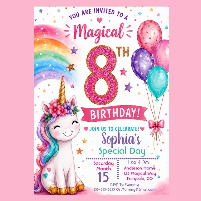 Magisk Enhörningsflickas 8-årsdag Inbjudningar (Magical unicorn 8th birthday invitation with rainbow balloons pastel stars and cute unicorn party )