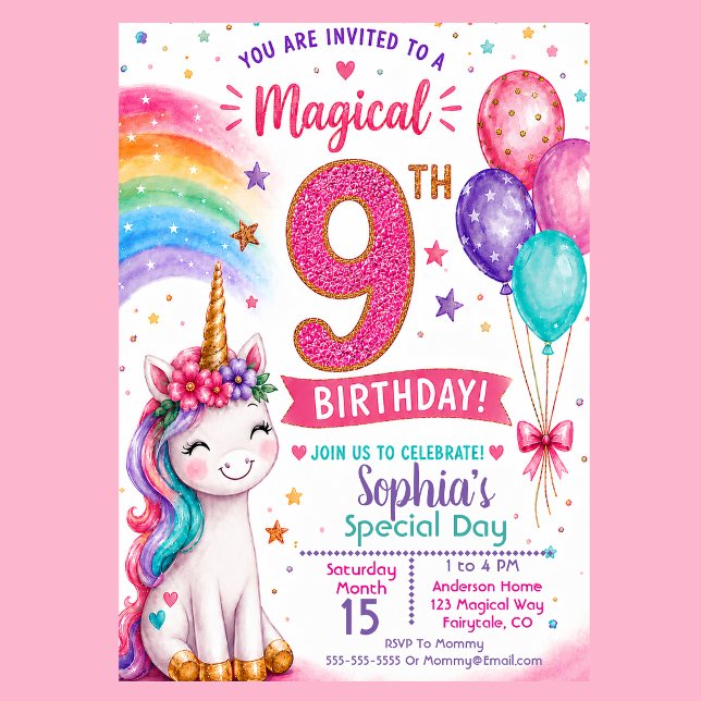 Magisk Enhörningsflickas 9-årsdag Inbjudningar (Magical unicorn 9th birthday invitation with rainbow balloons pastel stars and cute unicorn party )