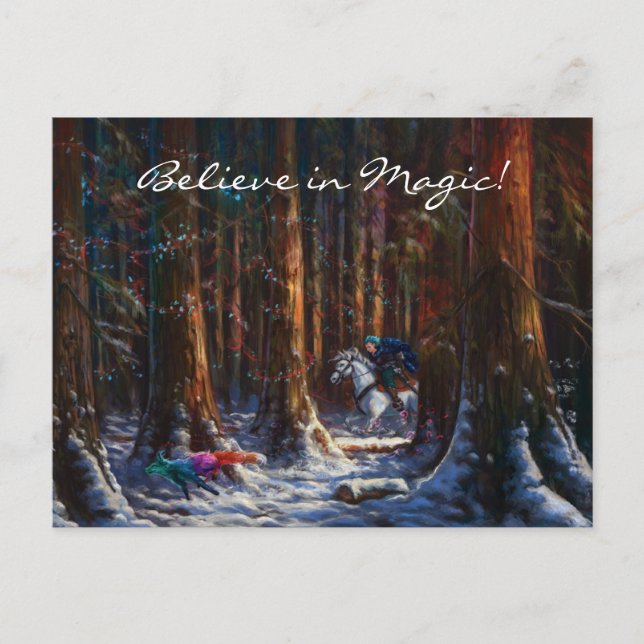 Magisk fantasivinter skog och magfox  vykort (Framsida)