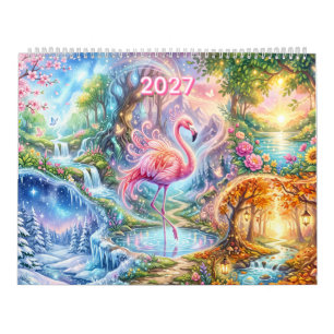 Magisk Fantasy Flamingo Fyra Årstider Drömlandskap Kalender
