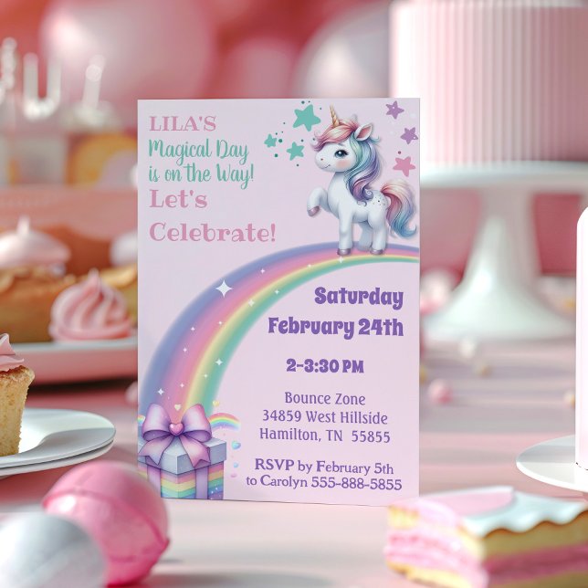 Magisk Färgglad Enhörning Tjejig Födelsedag Inbjudningar (Magical Unicorn Colorful Girly Rainbow  Birthday Party Invitation.)
